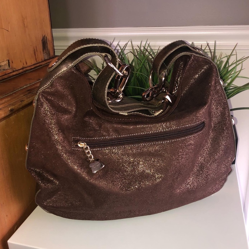 Kathy van Zeeland Shoulder Hand Bag Purse Gold faux suede brown Glam slouch hobo - Picture 11 of 13